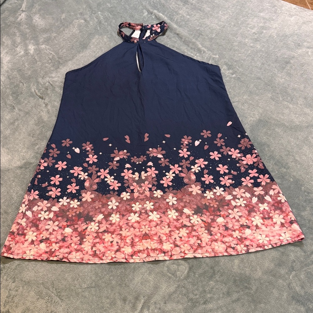 Navy Halter Dress with Keyhole Neck and Pink Floral Border, size L-XL
